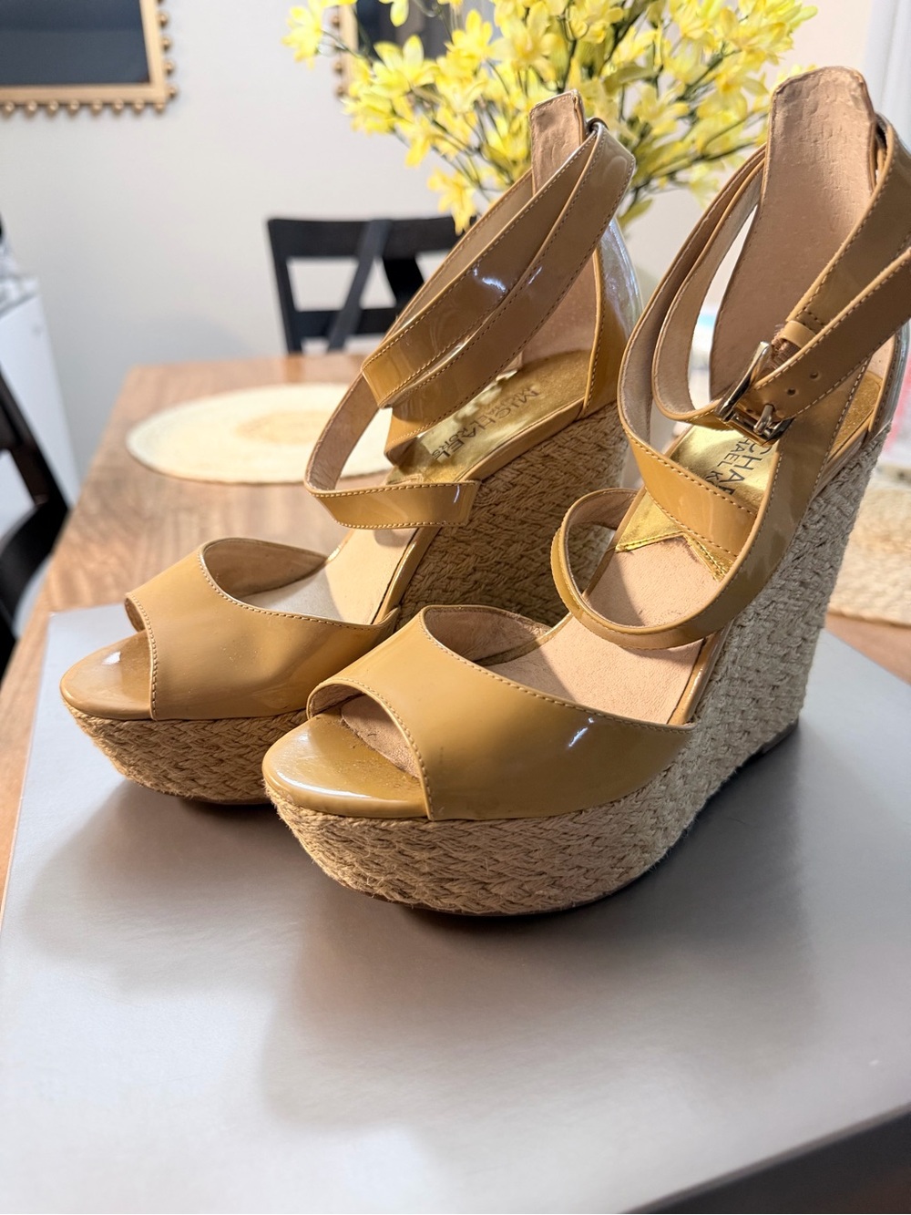 Michael Kors Tan Patent Leather Espadrille Wedge Sandals